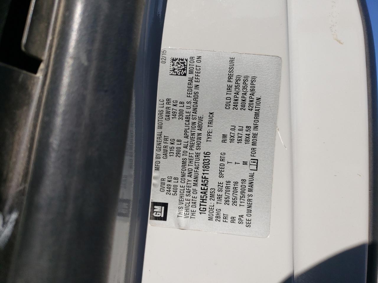 2015 GMC Canyon VIN 1GTH5AEA5F1180316 Copart auction photo, side / undercarriage damage thumbnail 12