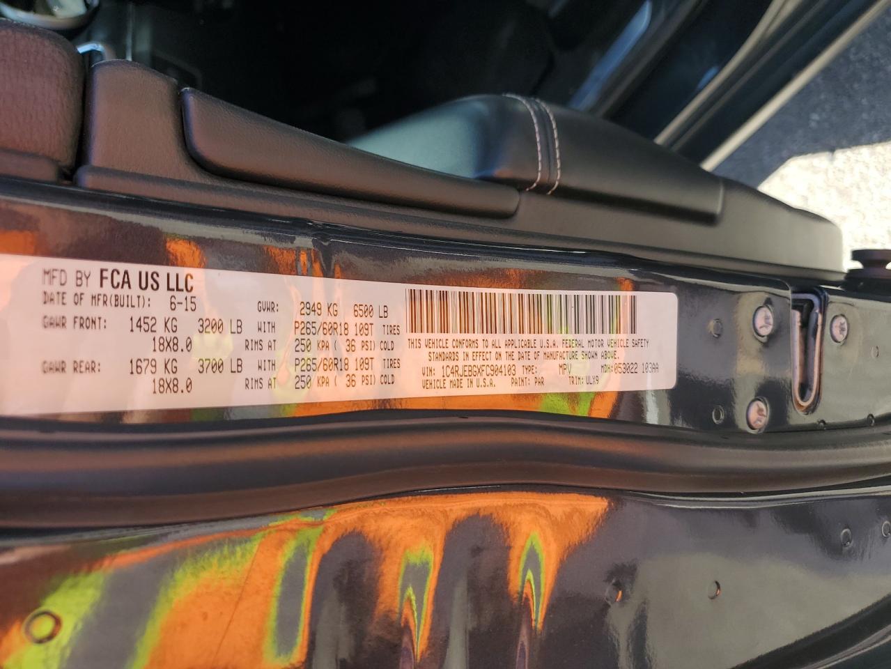 2015 Jeep Grand Cherokee VIN 1C4RJEBGXFC904103 Copart auction photo, front end damage thumbnail 15