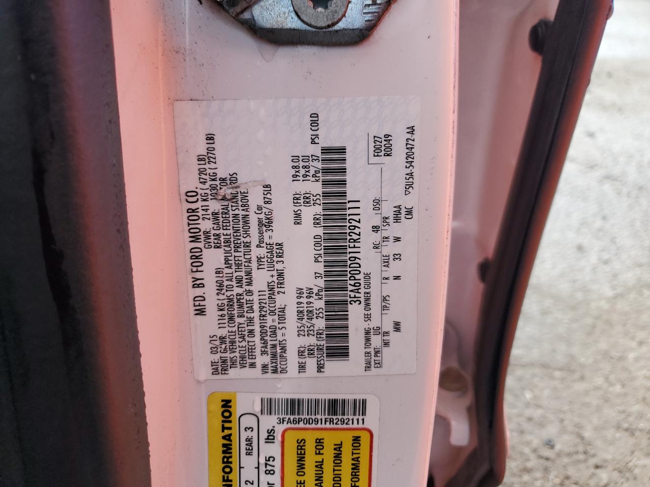 2015 Ford Fusion VIN 3FA6P0D91FR292111 Copart auction photo, front end / minor dent/scratches damage thumbnail 12