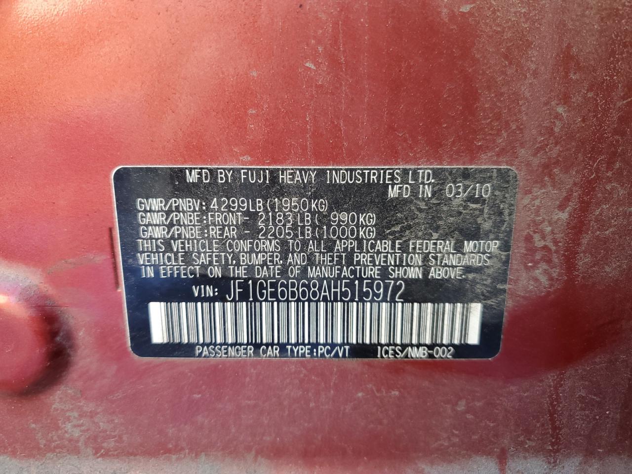 2010 Subaru Impreza VIN JF1GE6B68AH515972 Copart auction photo, all over / front end damage thumbnail 14