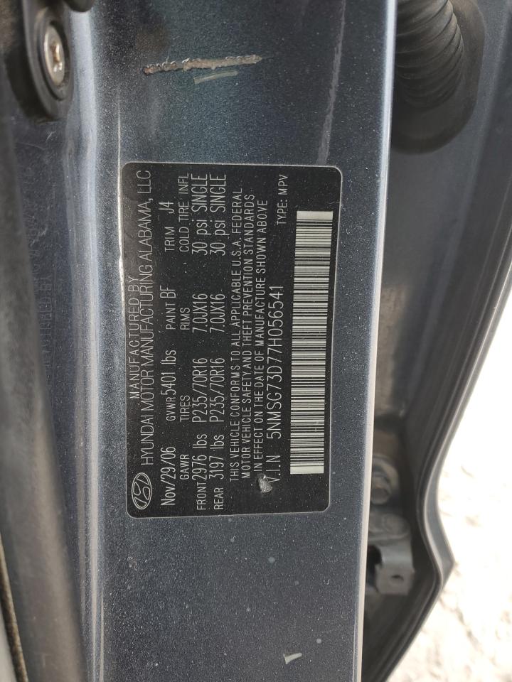 2007 Hyundai Santa Fe VIN 5NMSG73D77H056541 Copart auction photo, front end damage thumbnail 14