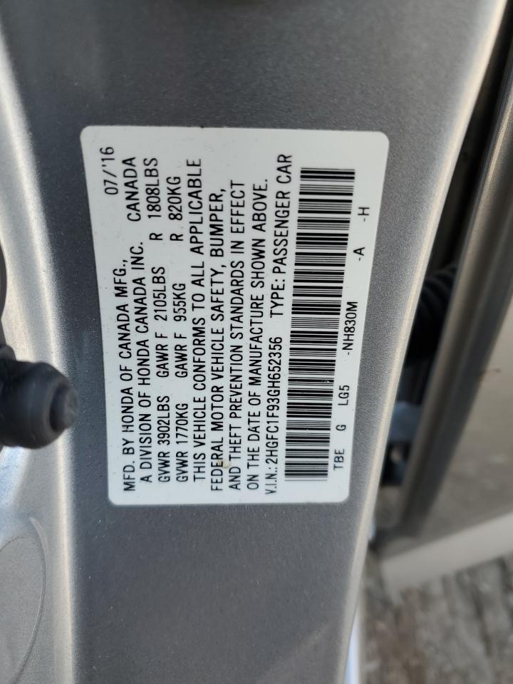 2016 Honda Civic VIN 2HGFC1F93GH652356 Copart auction photo, front end / rear end damage thumbnail 15