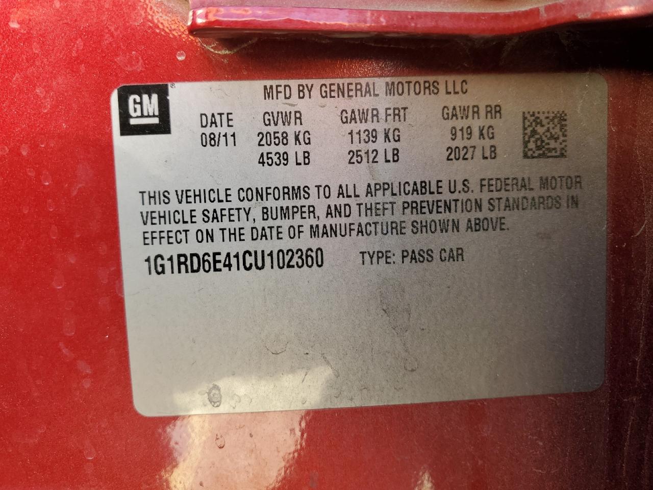 2012 Chevrolet Volt VIN 1G1RD6E41CU102360 Copart auction photo, front end damage thumbnail 12