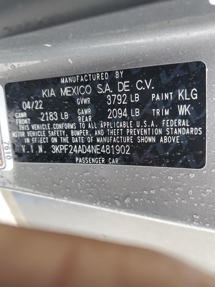 2022 KIA Forte VIN 3KPF24AD4NE481902 Copart auction photo, front end damage thumbnail 14