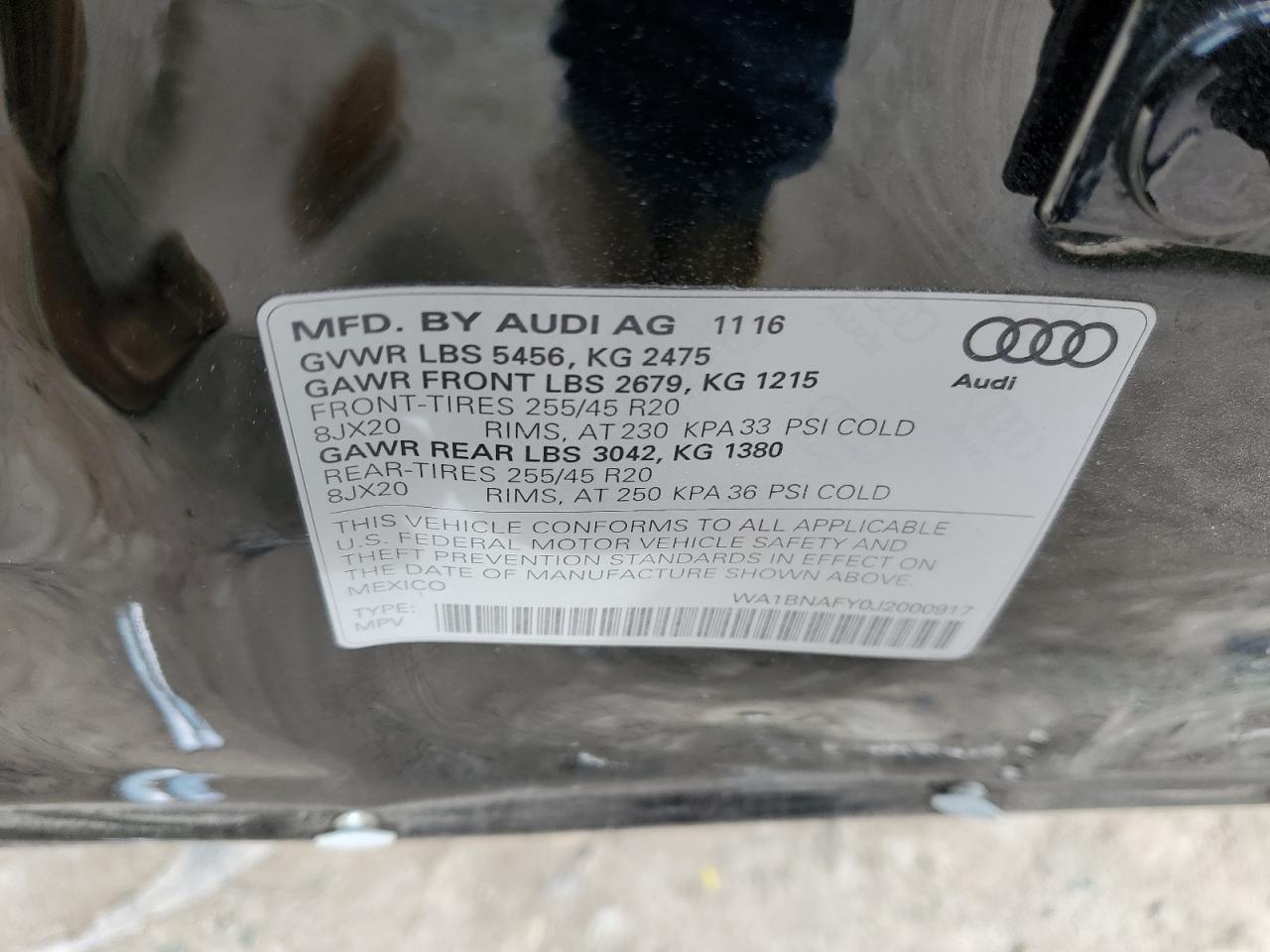 2018 Audi Q5 VIN WA1BNAFY0J2000917 Copart auction photo, front end / side damage thumbnail 13