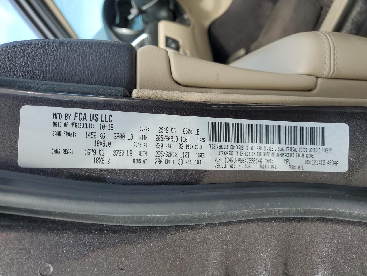 2019 Jeep Grand Cherokee VIN 1C4RJFAG6KC598146 Copart auction photo, front end / minor dent/scratches damage thumbnail 13
