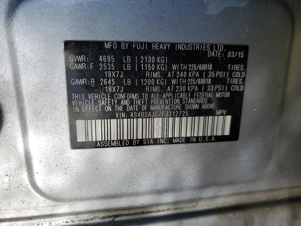 2015 Subaru Outback VIN 4S4BSAJC7F3312725 Copart auction photo, all over damage thumbnail 12