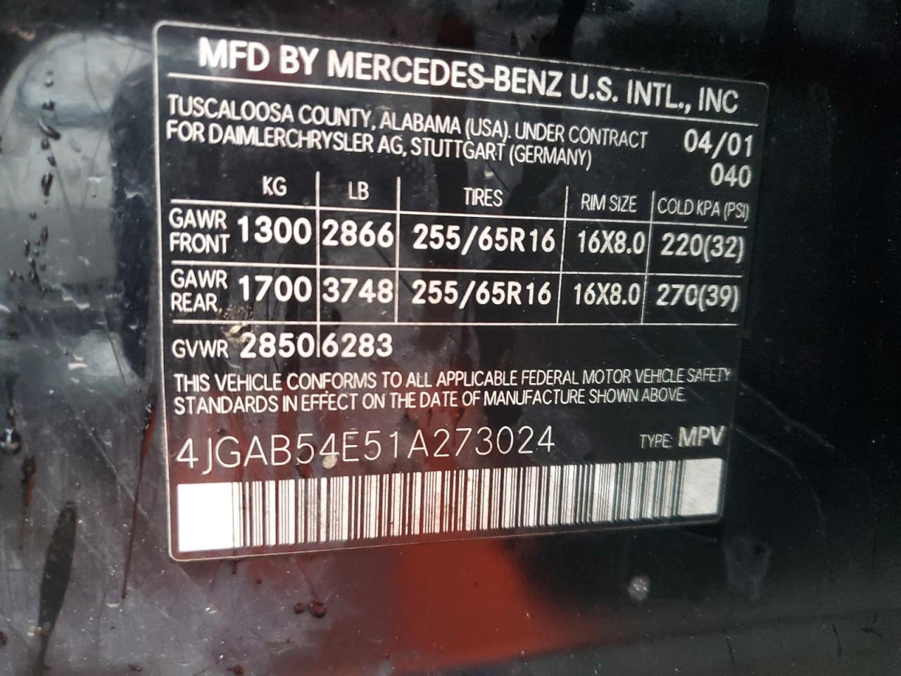2001 Mercedes-Benz M-klasse VIN 4JGAB54E51A273024 Copart auction photo, biohazard/chemical / side damage thumbnail 13