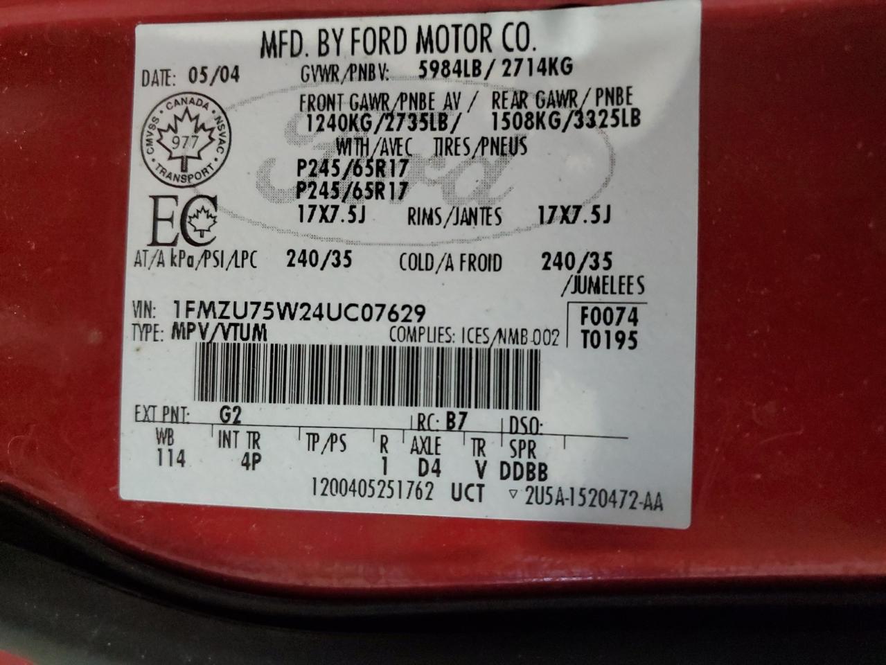 2004 Ford Explorer VIN 1FMZU75W24UC07629 Copart auction photo, side / rear end damage thumbnail 15