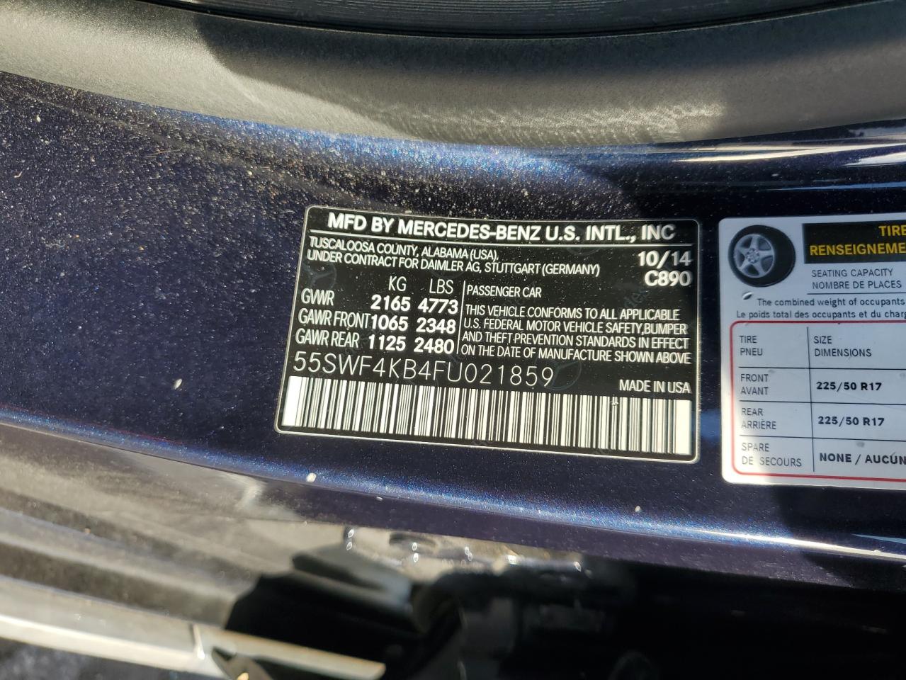 2015 Mercedes-Benz C-klasse VIN 55SWF4KB4FU021859 Copart auction photo, front end damage thumbnail 14