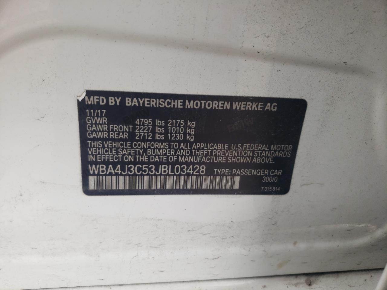 2018 BMW 4er VIN WBA4J3C53JBL03428 Copart auction photo, front end / mechanical damage thumbnail 13