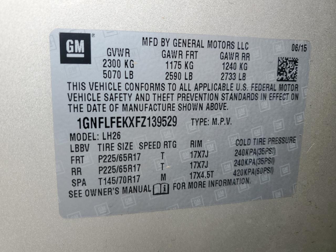 2015 Chevrolet Equinox VIN 1GNFLFEKXFZ139529 Copart auction photo, mechanical damage thumbnail 13