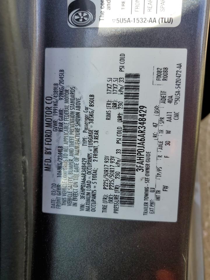 2010 Ford Fusion VIN 3FAHP0JA6AR348429 Copart auction photo, front end damage thumbnail 14