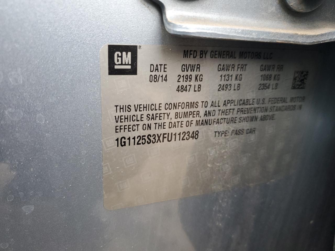 2015 Chevrolet Impala VIN 1G1125S3XFU112348 Copart auction photo, side damage thumbnail 12
