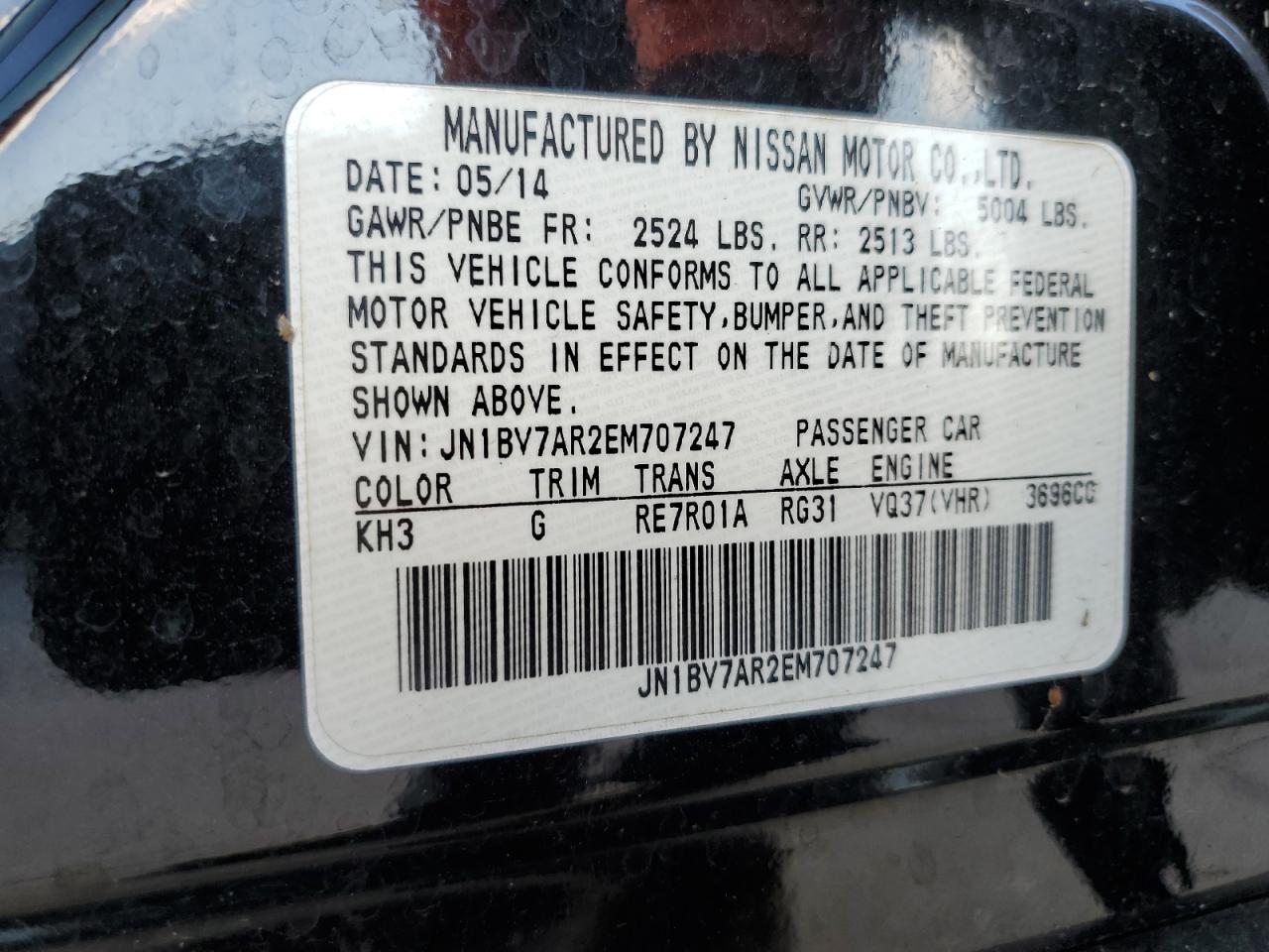 2014 Infiniti Q50 VIN JN1BV7AR2EM707247 Copart auction photo, water/flood / minor dent/scratches damage thumbnail 14