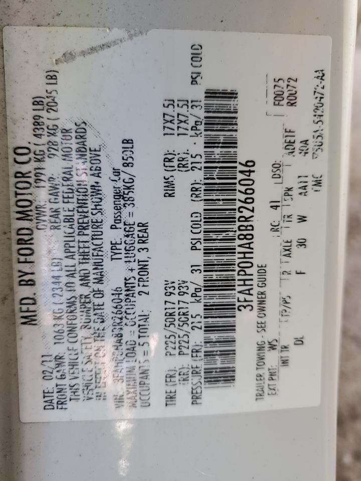 2011 Ford Fusion VIN 3FAHP0HA8BR266046 Copart auction photo, front end damage thumbnail 14