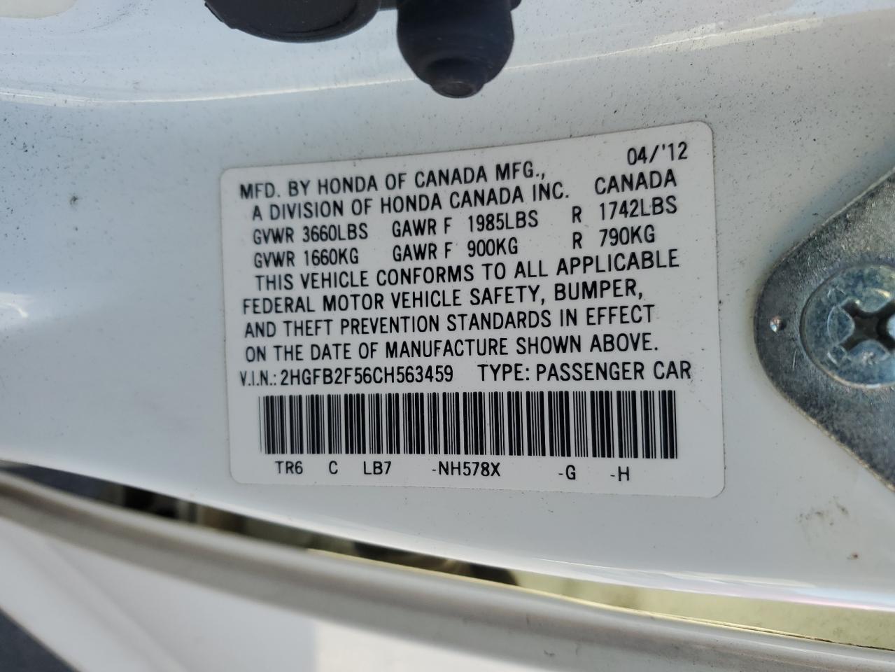 2012 Honda Civic VIN 2HGFB2F56CH563459 Copart auction photo, mechanical / minor dent/scratches damage thumbnail 12