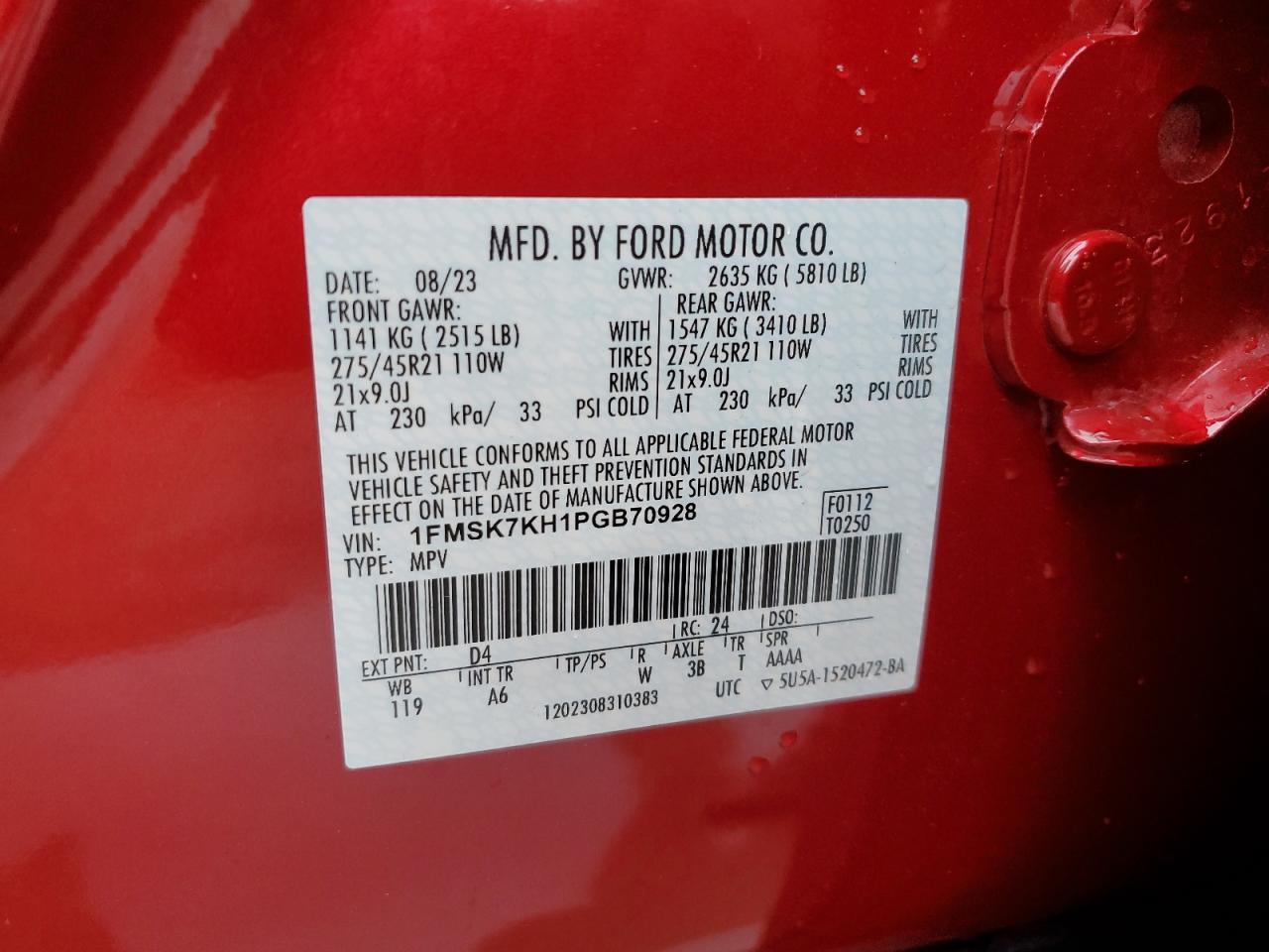 2023 Ford Explorer VIN 1FMSK7KH1PGB70928 Copart auction photo, side damage thumbnail 15