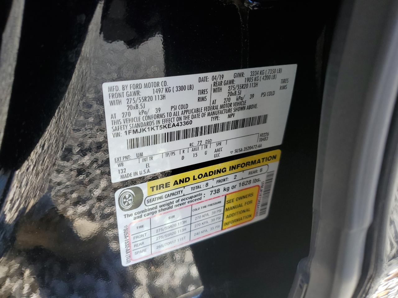 2019 Ford Expedition VIN 1FMJK1KT5KEA43360 Copart auction photo, front end damage thumbnail 13