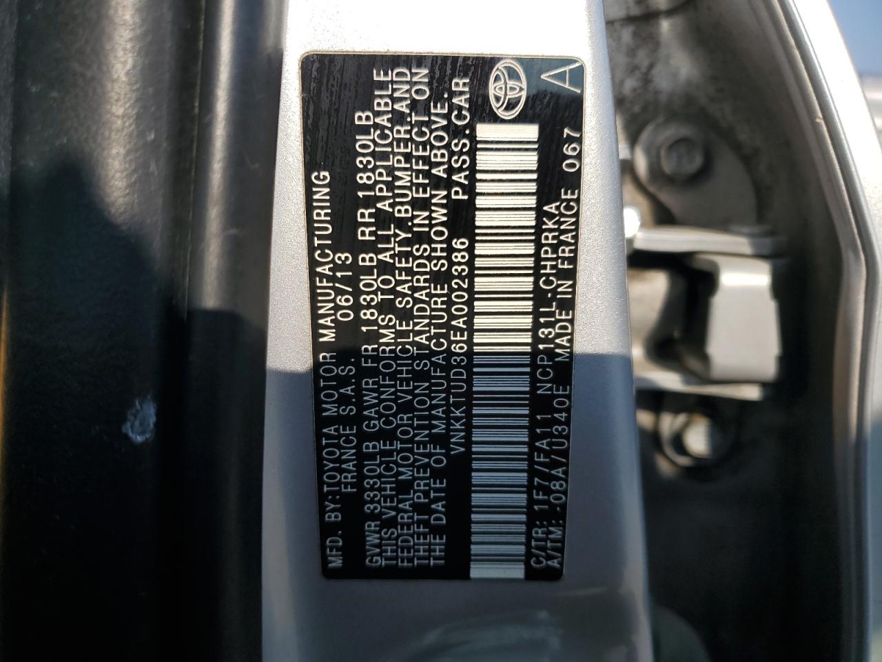 2014 Toyota Yaris VIN VNKKTUD36EA002386 Copart auction photo, rear end / undercarriage damage thumbnail 12