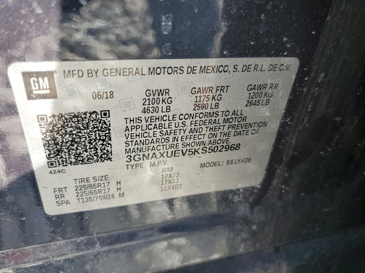 2019 Chevrolet Equinox VIN 3GNAXUEV5KS502968 Copart auction photo, front end / undercarriage damage thumbnail 15