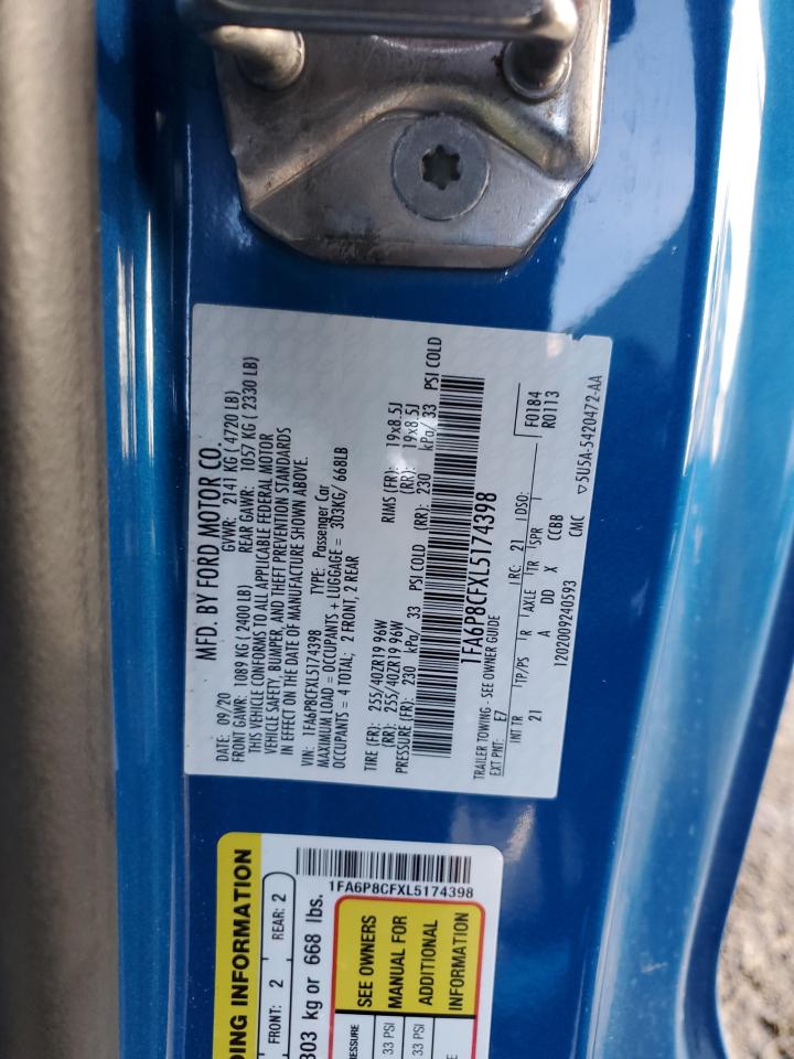 2020 Ford Mustang VIN 1FA6P8CFXL5174398 Copart auction photo, all over damage thumbnail 12