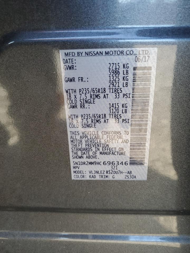 2017 Nissan Pathfinder VIN 5N1DR2MM9HC696346 Copart auction photo, front end / minor dent/scratches damage thumbnail 15