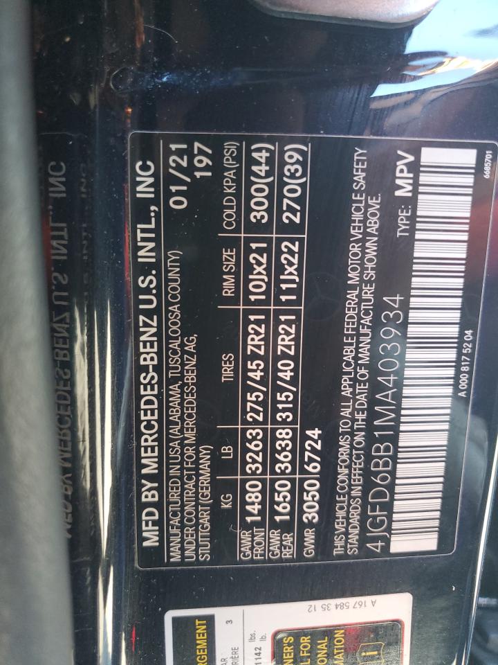 2021 Mercedes-Benz GLE VIN 4JGFD6BB1MA403934 Copart auction photo, front end / side damage thumbnail 15