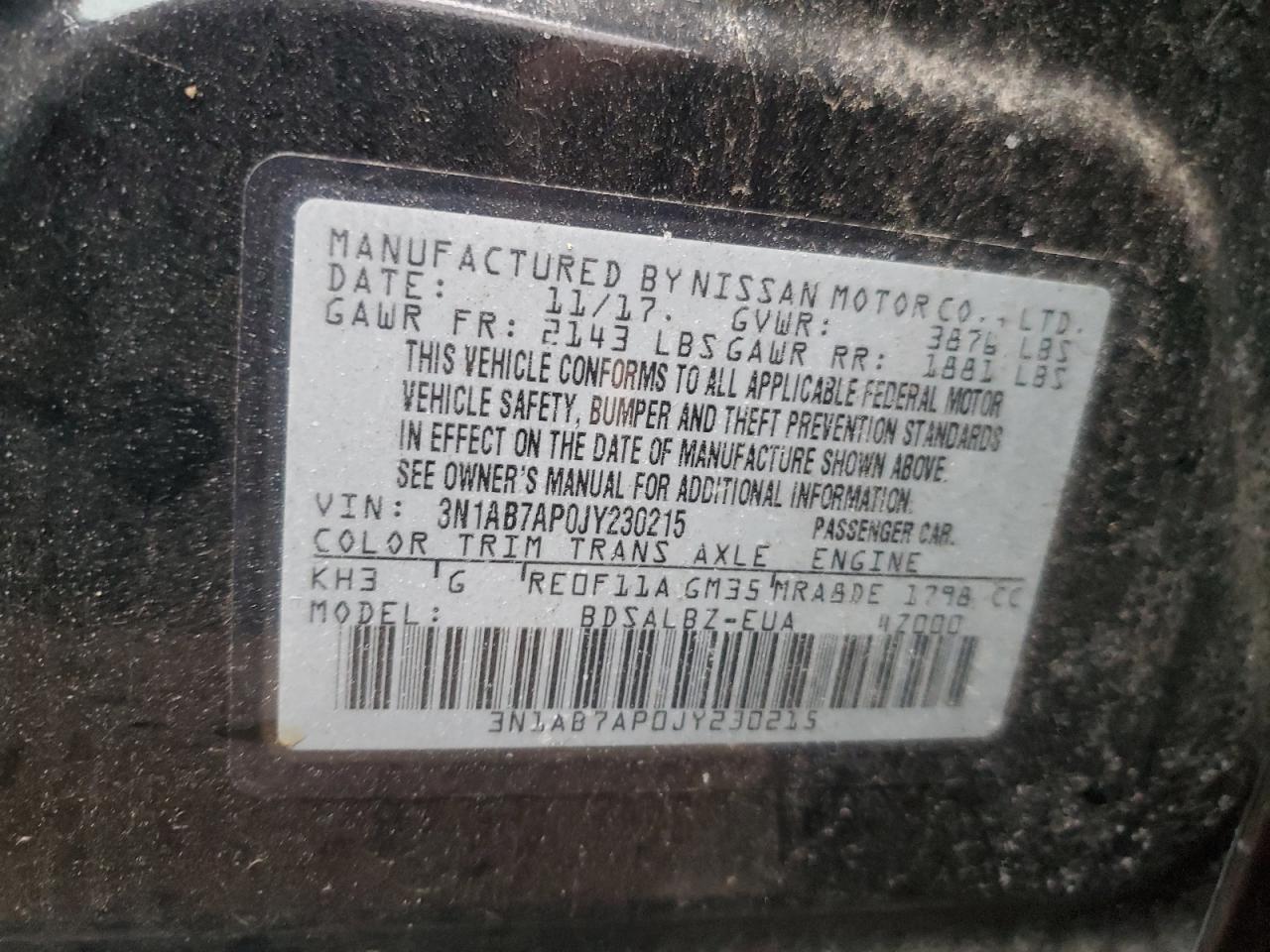 2018 Nissan Sentra VIN 3N1AB7AP0JY230215 Copart auction photo, front end / minor dent/scratches damage thumbnail 13
