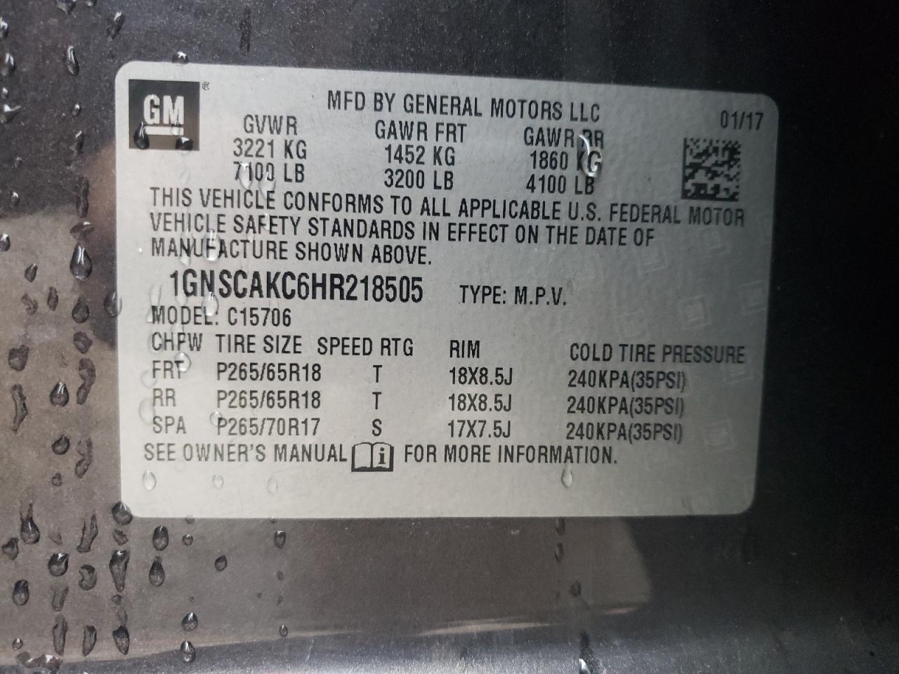 2017 Chevrolet Tahoe VIN 1GNSCAKC6HR218505 Copart auction photo, front end / undercarriage damage thumbnail 12