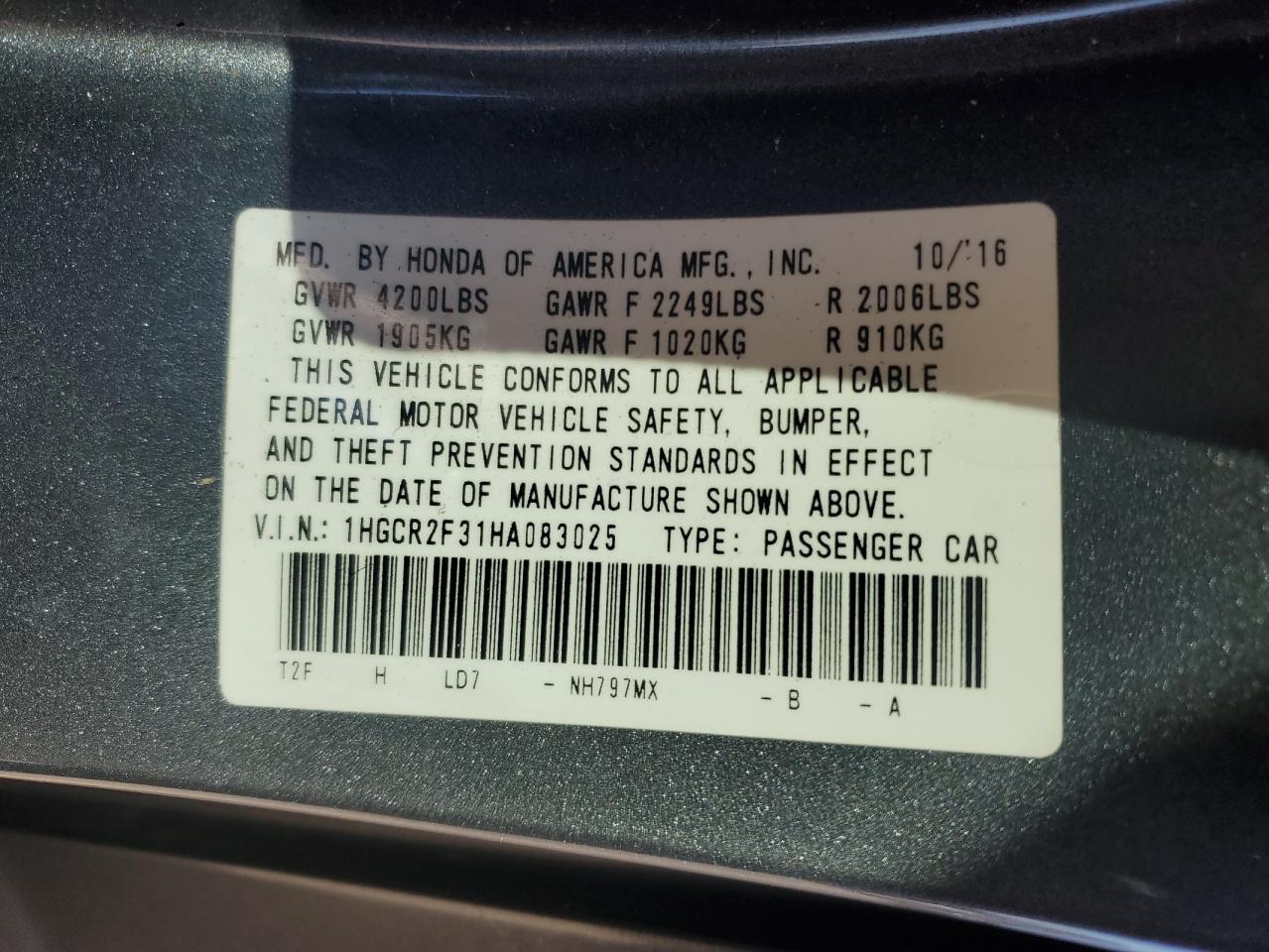 2017 Honda Accord VIN 1HGCR2F31HA083025 Copart auction photo, all over / frame damage damage thumbnail 13