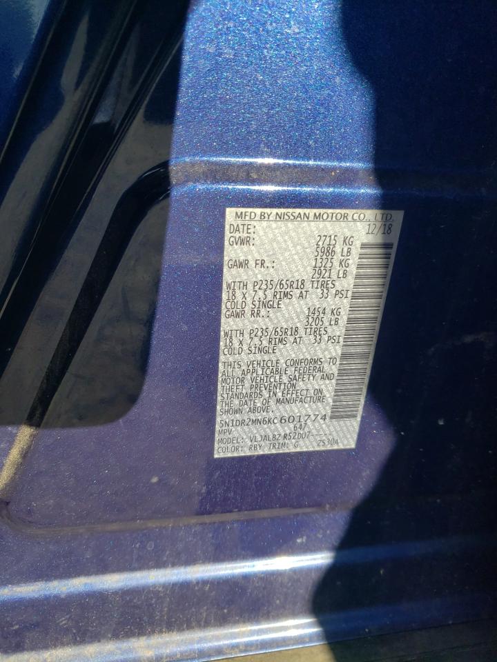 2019 Nissan Pathfinder VIN 5N1DR2MN6KC601774 Copart auction photo, vandalism / front end damage thumbnail 13