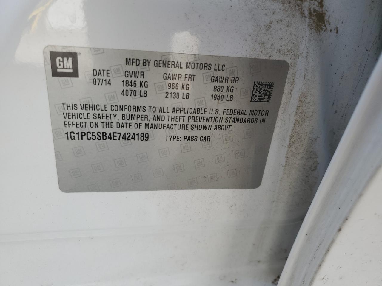 2014 Chevrolet Cruze VIN 1G1PC5SB4E7424189 Copart auction photo, front end damage thumbnail 12