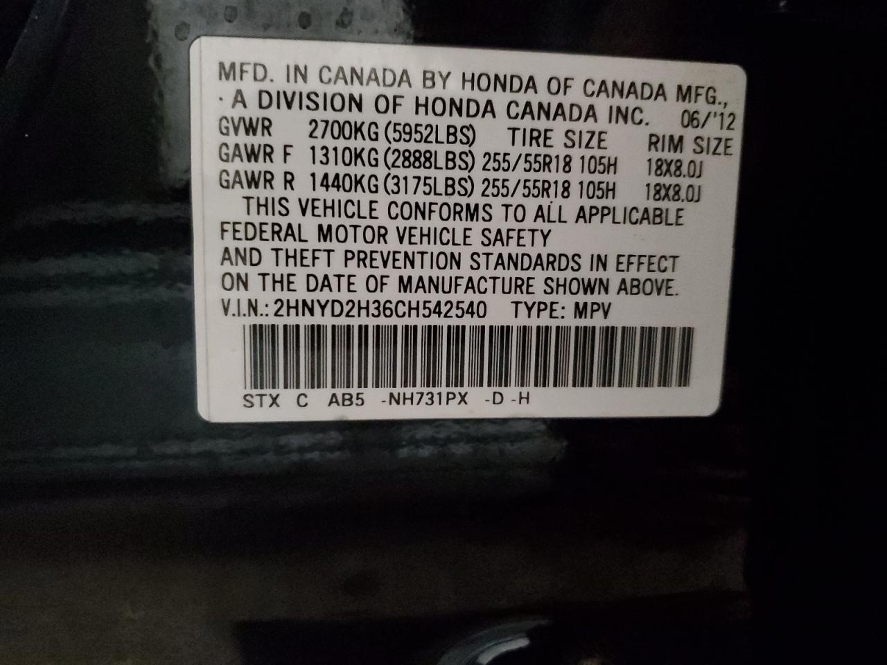2012 Acura MDX VIN 2HNYD2H36CH542540 Copart auction photo, front end damage thumbnail 12