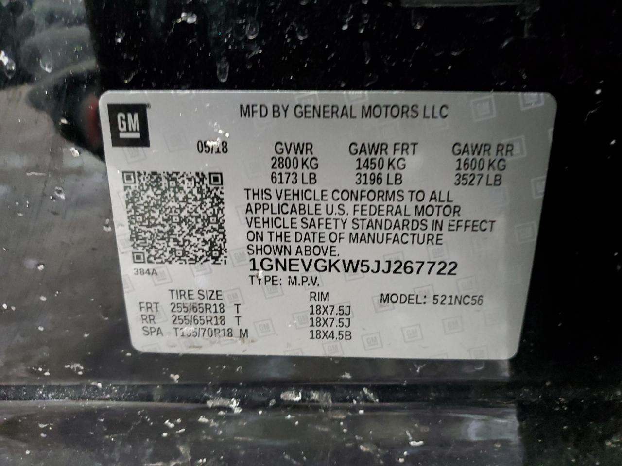 2018 Chevrolet Traverse VIN 1GNEVGKW5JJ267722 Copart auction photo, rear end damage thumbnail 13