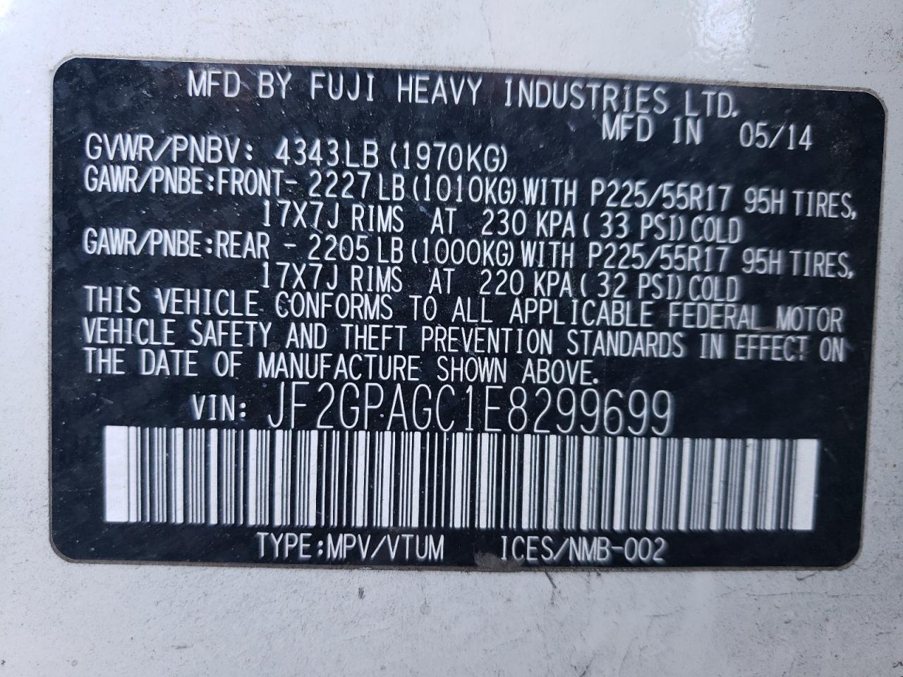 2014 Subaru XV VIN JF2GPAGC1E8299699 Copart auction photo, front end / hail damage thumbnail 13
