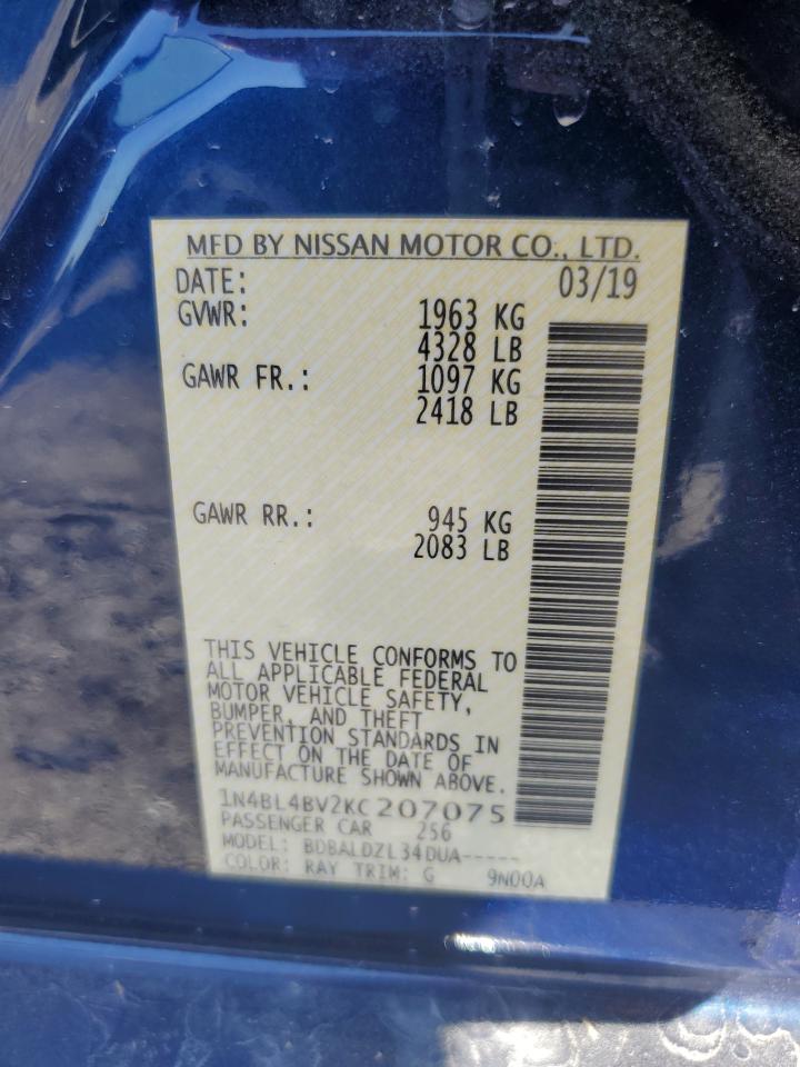 2019 Nissan Altima VIN 1N4BL4BV2KC207075 Copart auction photo, top/roof / rear end damage thumbnail 12