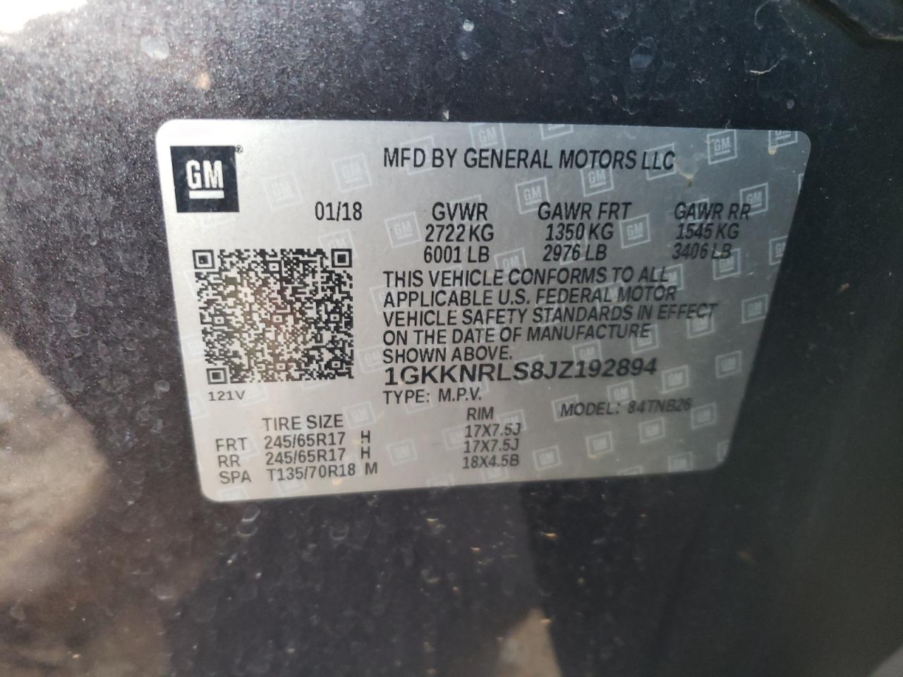 2018 GMC Acadia VIN 1GKKNRLS8JZ192894 Copart auction photo, all over damage thumbnail 15