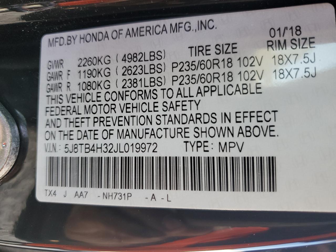 2018 Acura RDX VIN 5J8TB4H32JL019972 Copart auction photo, front end damage thumbnail 14
