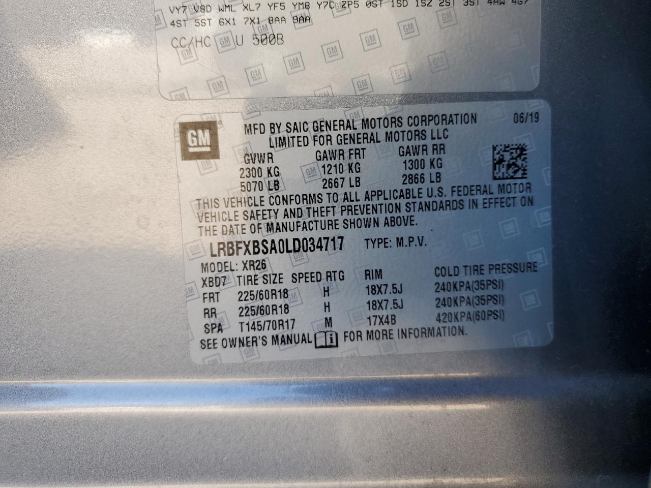 2020 Buick Envision VIN LRBFXBSA0LD034717 Copart auction photo, front end damage thumbnail 16