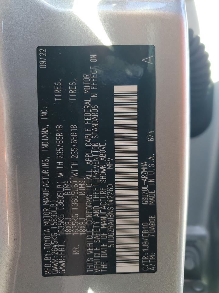 2022 Toyota Highlander VIN 5TDGZRAH8NS142260 Copart auction photo, top/roof damage thumbnail 13