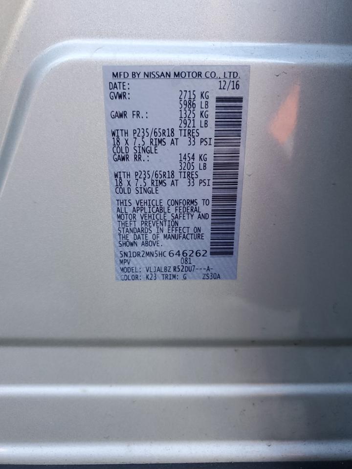 2017 Nissan Pathfinder VIN 5N1DR2MN5HC646262 Copart auction photo, vandalism / all over damage thumbnail 12