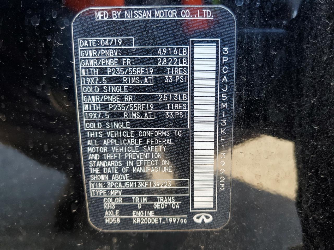 2019 Infiniti QX50 VIN 3PCAJ5M13KF139223 Copart auction photo, front end damage thumbnail 12