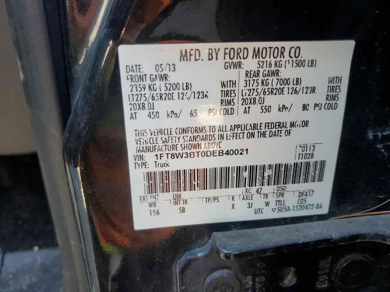 2013 Ford F350 VIN 1FT8W3BT0DEB40021 Copart auction photo, front end / side damage thumbnail 14