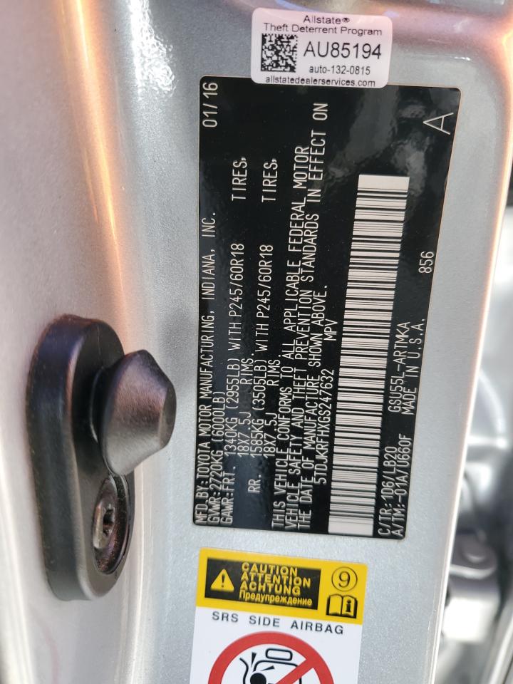 2016 Toyota Highlander VIN 5TDJKRFHXGS247632 Copart auction photo, rear end / side damage thumbnail 13
