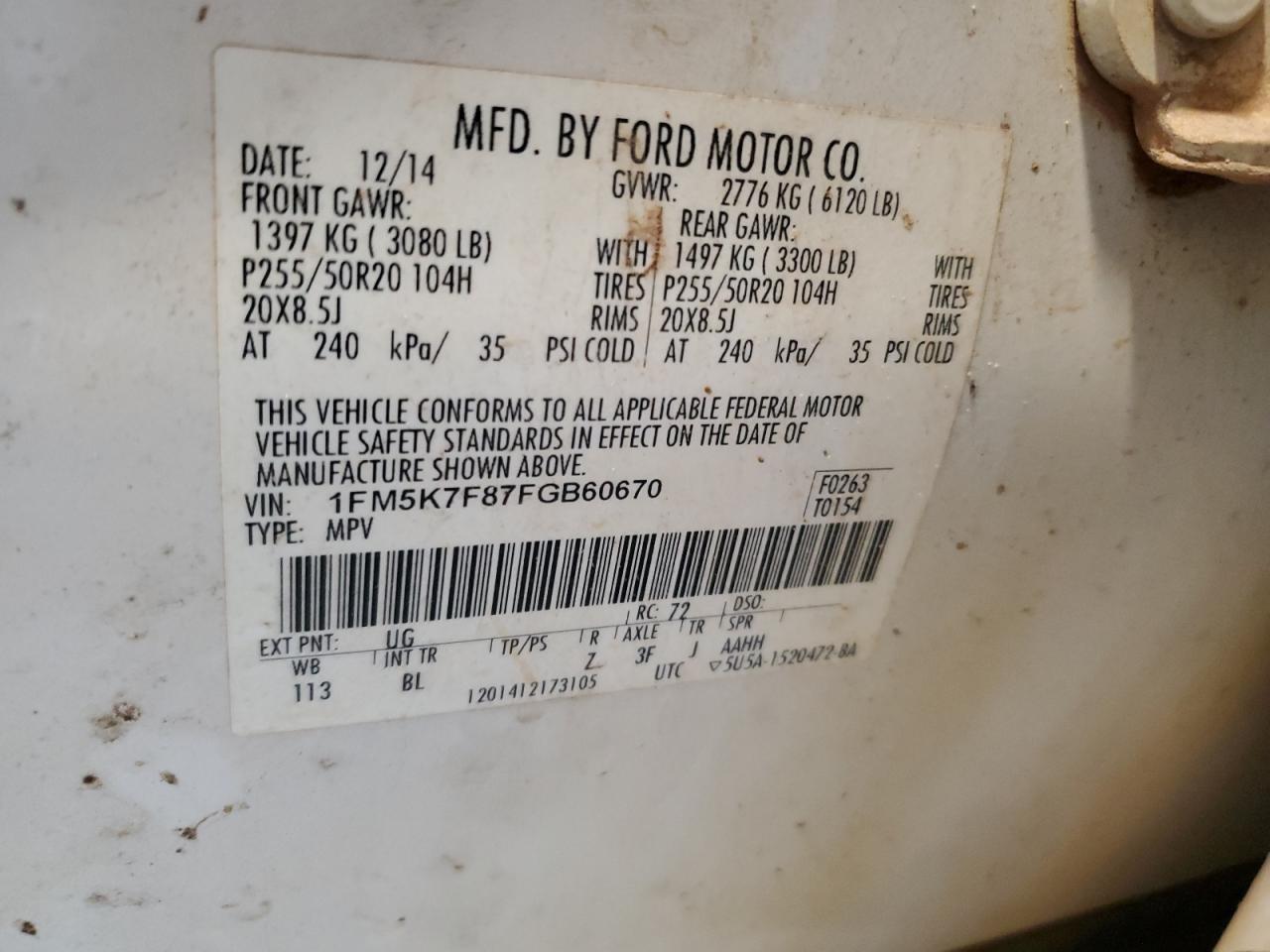 2015 Ford Explorer VIN 1FM5K7F87FGB60670 Copart auction photo, front end / side damage thumbnail 13