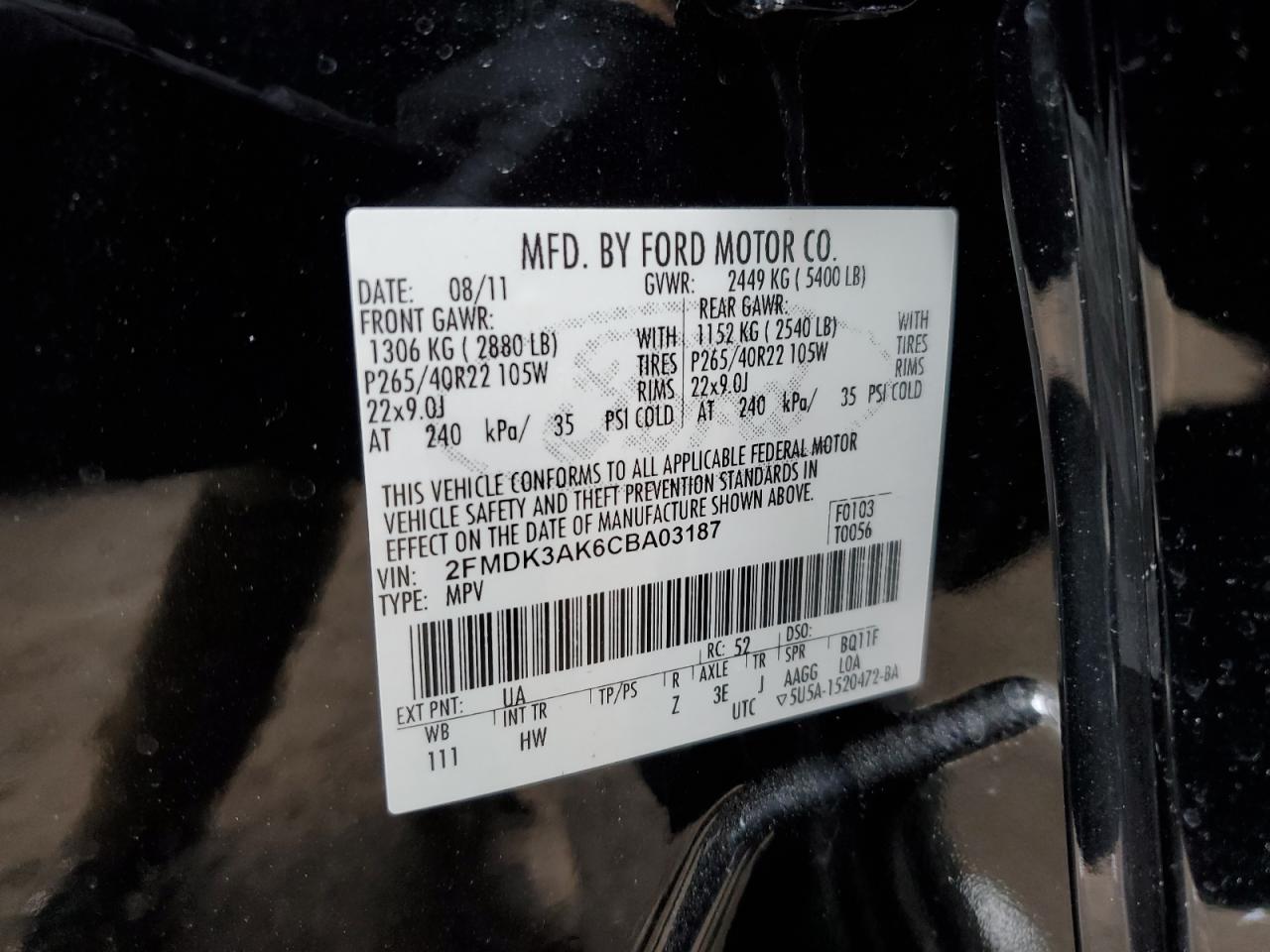 2012 Ford Edge VIN 2FMDK3AK6CBA03187 Copart auction photo, all over damage thumbnail 13