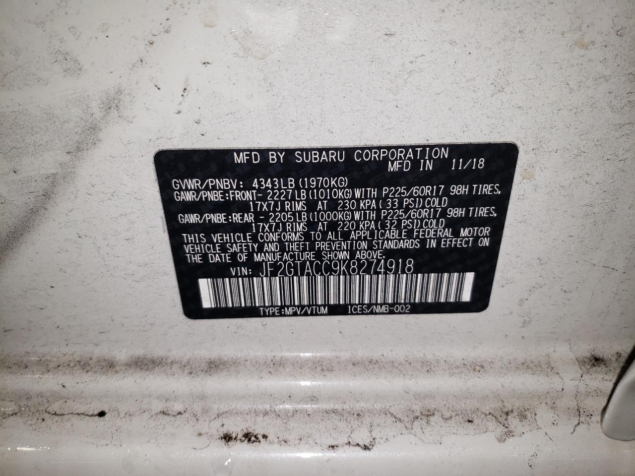 2019 Subaru XV VIN JF2GTACC9K8274918 Copart auction photo, front end damage thumbnail 13