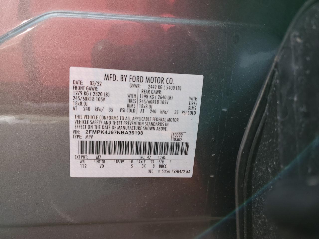 2022 Ford Edge VIN 2FMPK4J97NBA36198 Copart auction photo, front end / rear end damage thumbnail 14
