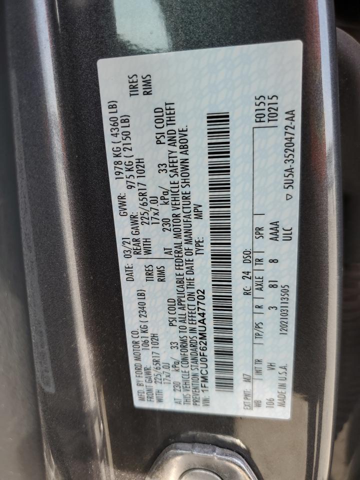 2021 Ford Escape VIN 1FMCU0F62MUA47702 Copart auction photo, front end damage thumbnail 15